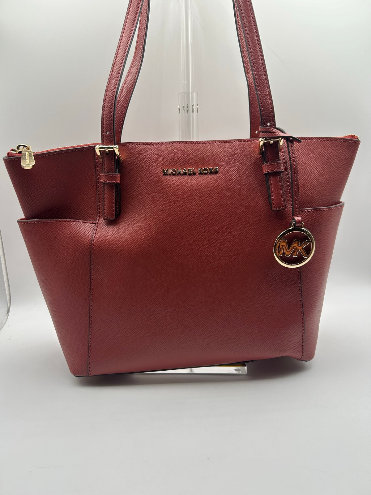 Michael Kors Jet Set Travel Large Saffiano Leather Tote Burgundy Red Mk Charm